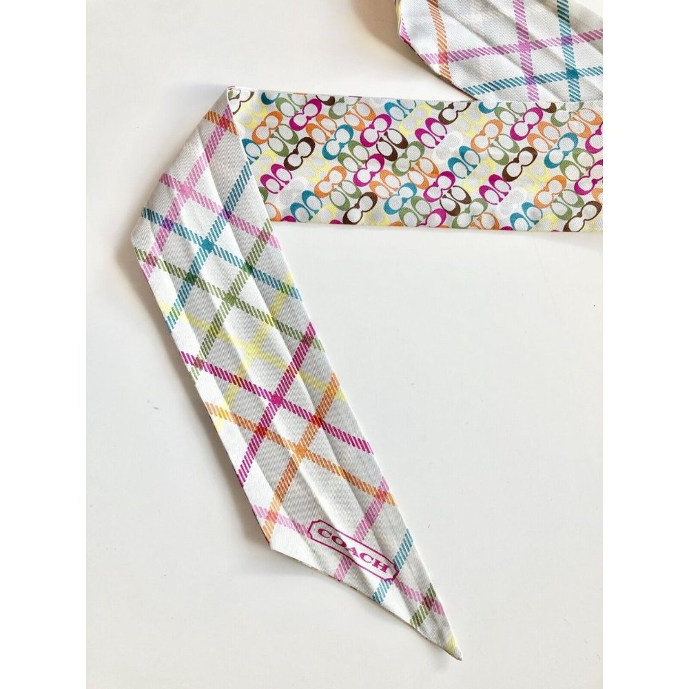 COACH Multi Color Logo Check Print Silk Twill 34" x 2.5" Twilly Skinny Scarf - Picture 7 of 9